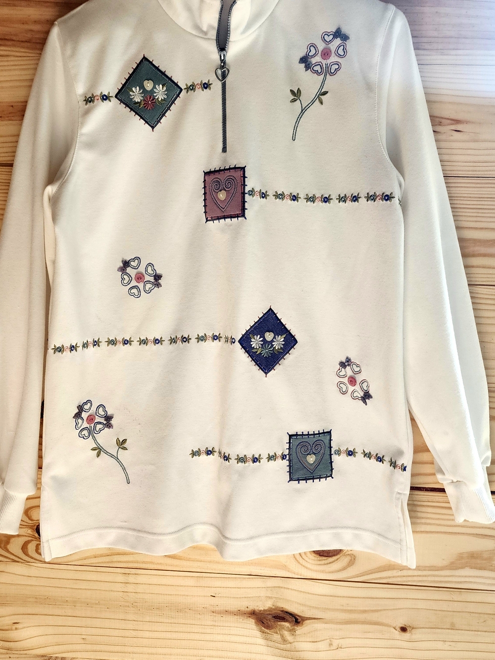 Alfred Dunner Cream Embroidered Cowl-Neck Sweater